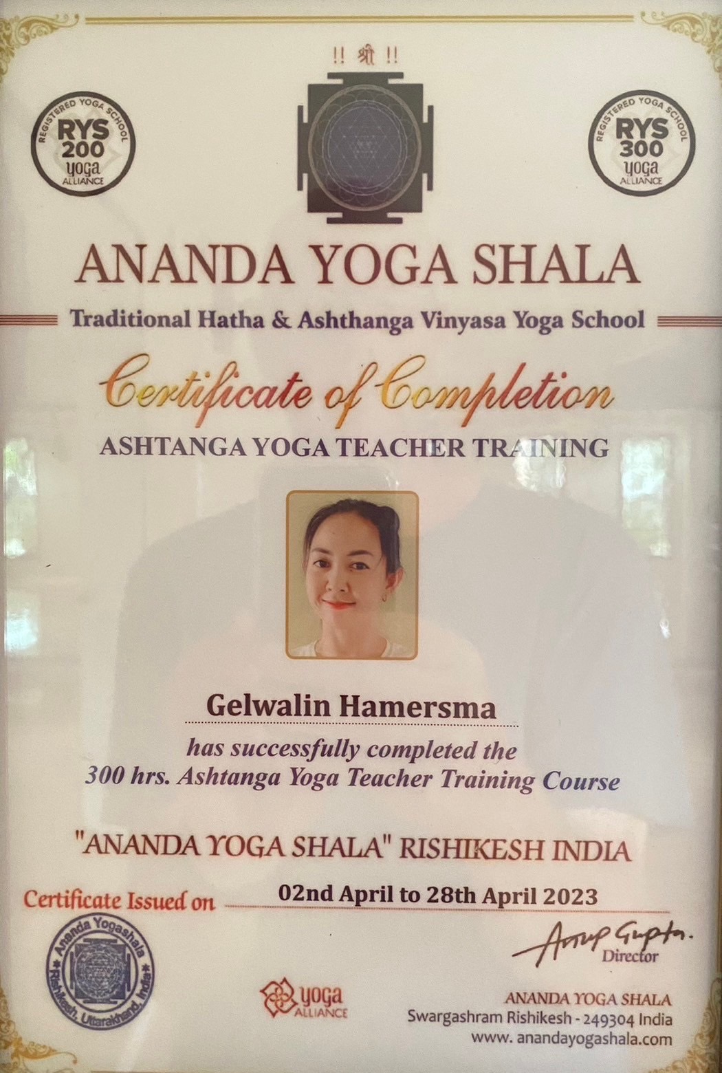 Ashtanga yoga certificate
